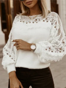 Women's Lace Patchwork Crew Neck Knit Long Sleeve Sweater 